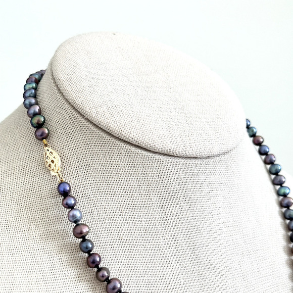 14K Yellow Gold Genuine 6MM Black Pearl Hand Knotted Strand Necklace 18" - Picture 4 of 8